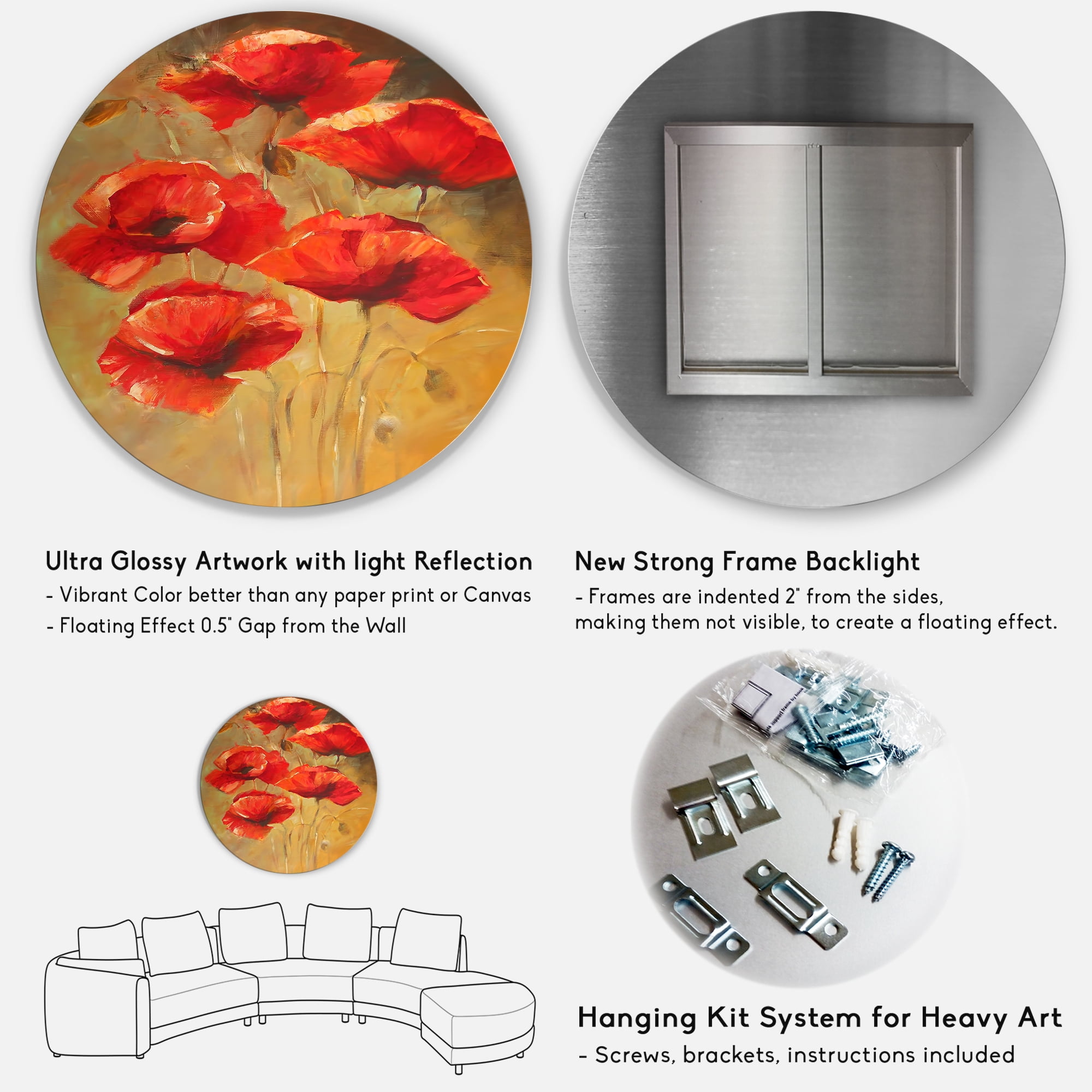 Designart 'Ancient Blooming Poppies II' Traditional Circle Metal Wall Art 36x36 - Disc of 36