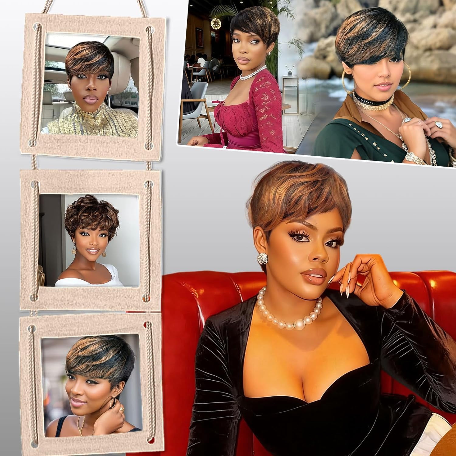 Short Straight Pixie Cut Wig Ombre 1B/30 Human Hair With Bangs 150% Density Full Machine Made Wigs For Women