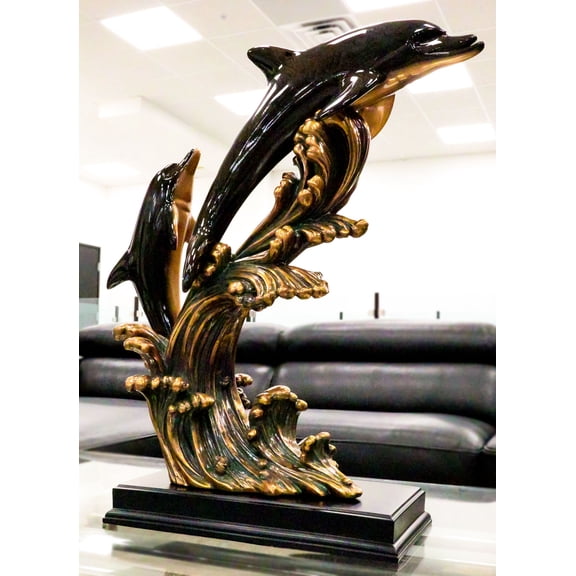 Large 23"H Nautical Marine 2 Bottlenose Dolphins Leaping Over Ocean Waves Statue