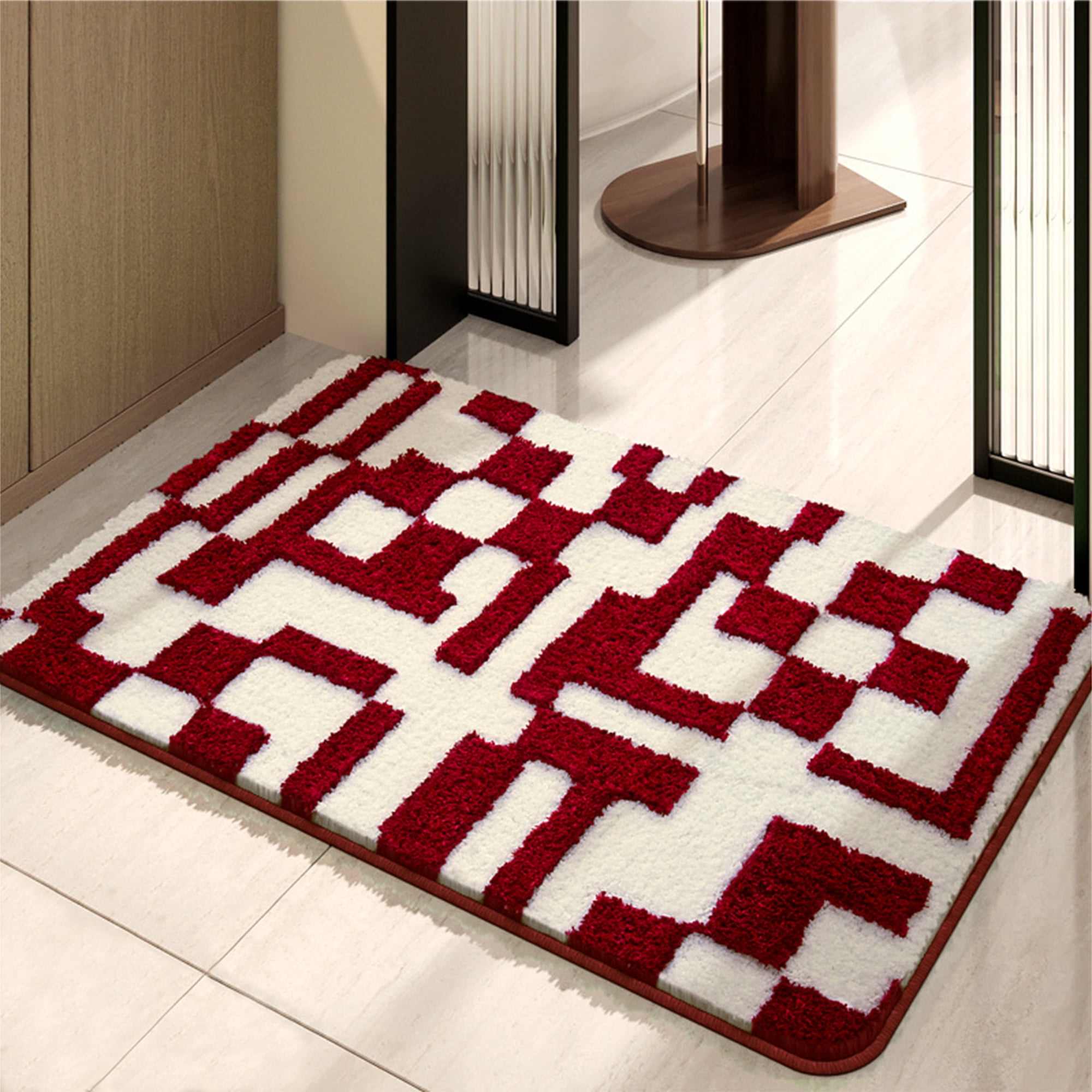 Unique Bargains Geometric Patterns Bathroom Rugs Soft Absorbent Bath Rugs Red 20" x 32"