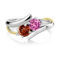 thumbnail image 2 of Gem Stone King 1.57 Ct Round Pink Created Sapphire Red Garnet 925 Silver and 10K Yellow Gold Lab Grown Diamond Two Stone Crossover Ring (Size 5), 2 of 5
