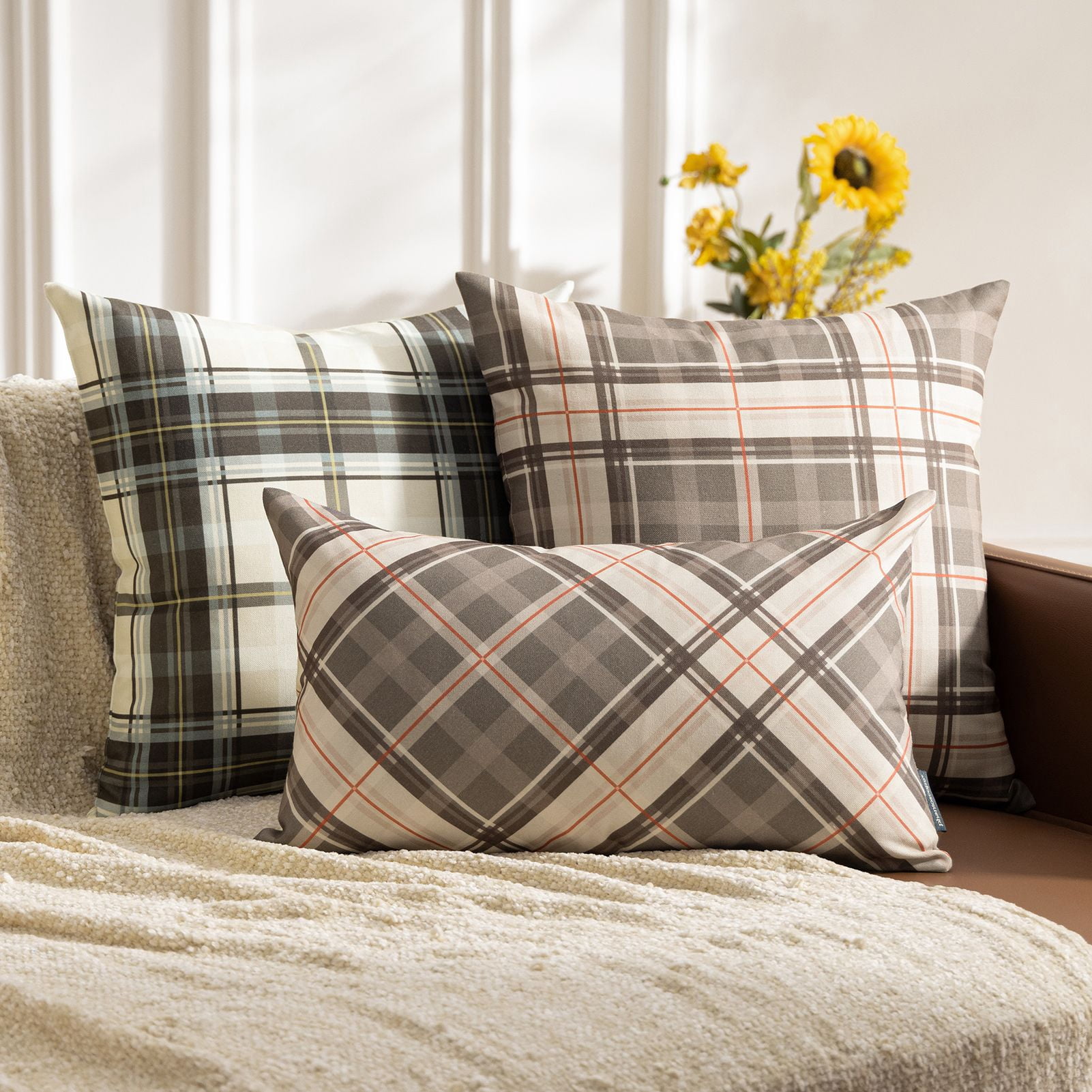 Phantoscope Buffalo Plaid Decorative Throw Pillows with Inserts, Double-Sided Printed Checkered Design, 18 x 18 in, Deep Coffee, 2 Pack