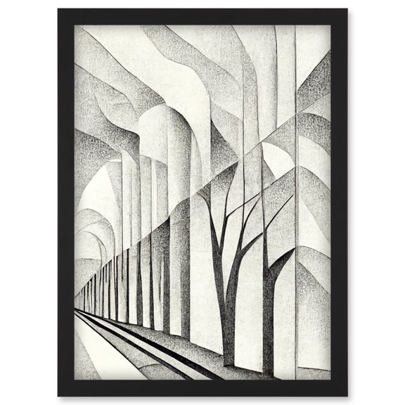 Monochrome Cubism Tree Tunnel Path Perspective Illustration Artwork Framed Wall Art Print A4