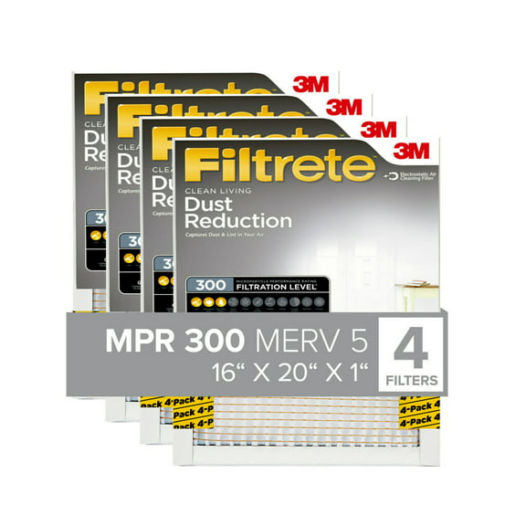 Filtrete 16x20x1 Air Filter, MPR 300 MERV 5, Dust Reduction, 4 Filters