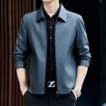 thumbnail image 2 of Abrigo de cuero genuino para hombre, otoño invierno 2024, nueva chaqueta de cuello polo de moda informal gruesa con forro polar para hombre, 2 of 4