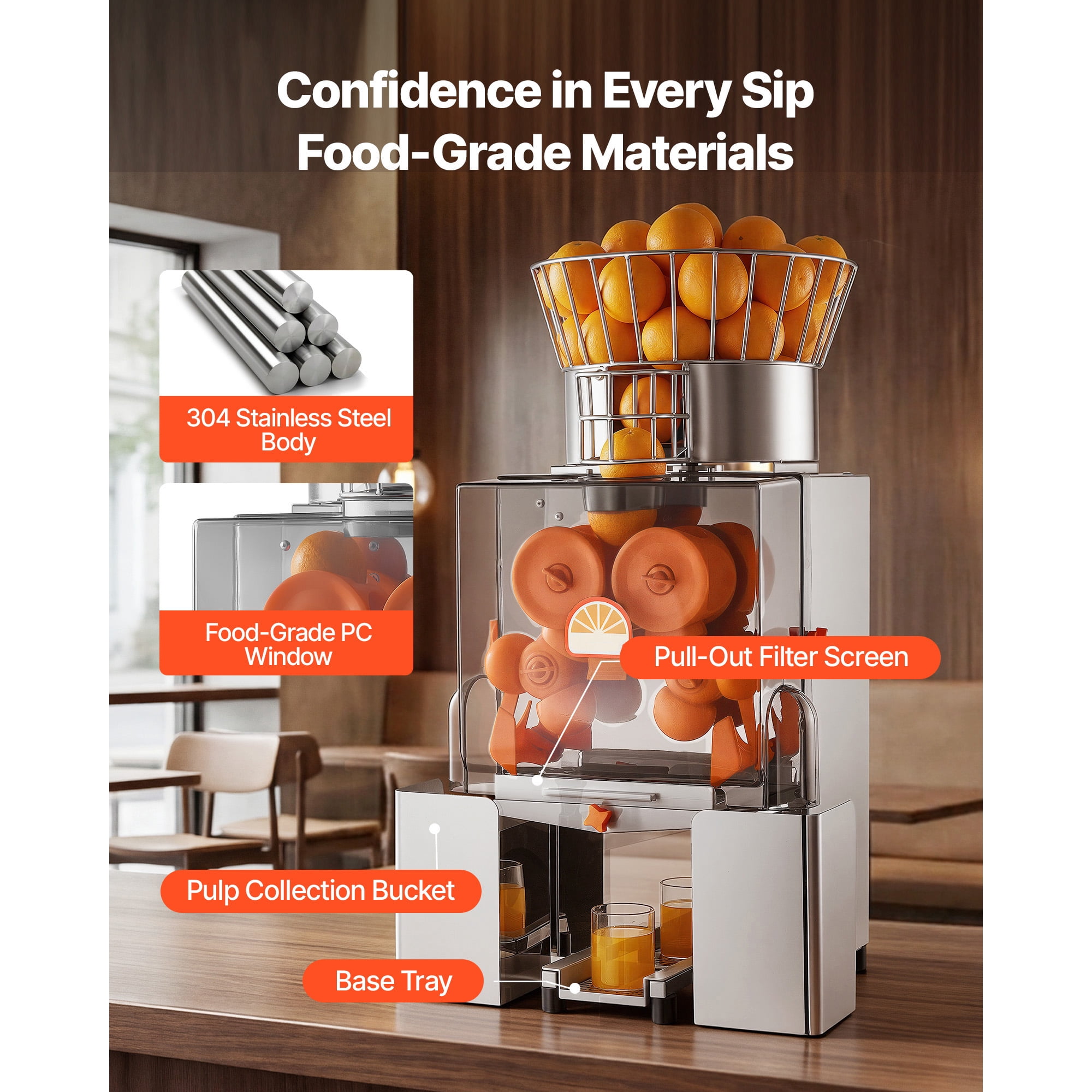 KFFKFF Commercial Orange Juicer Machine, 120W Electric Automatic Citrus Squeezer, Efficient Juice Extractor for 20 Fruits Per Minute, Stainless Steel Design with Peel Collection and Protective Cover