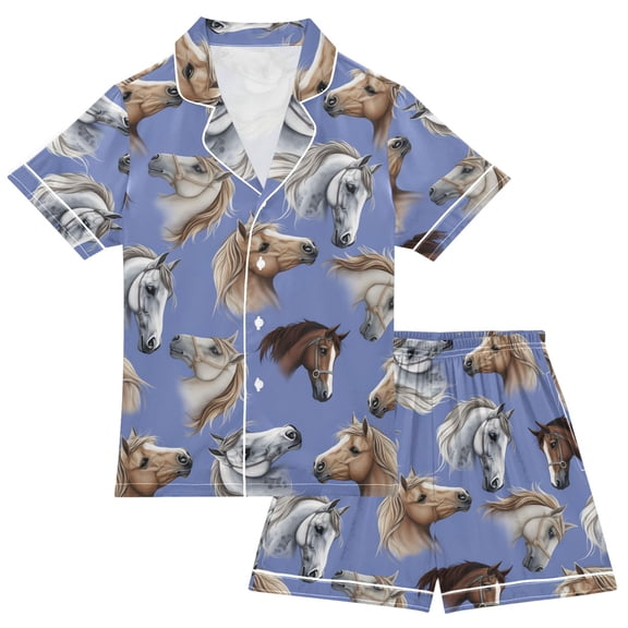 Horse Heads Print Boy Girls Satin Pajamas Set Button-Up Short Sleeve Pj Sleepwear for 7-8 Years