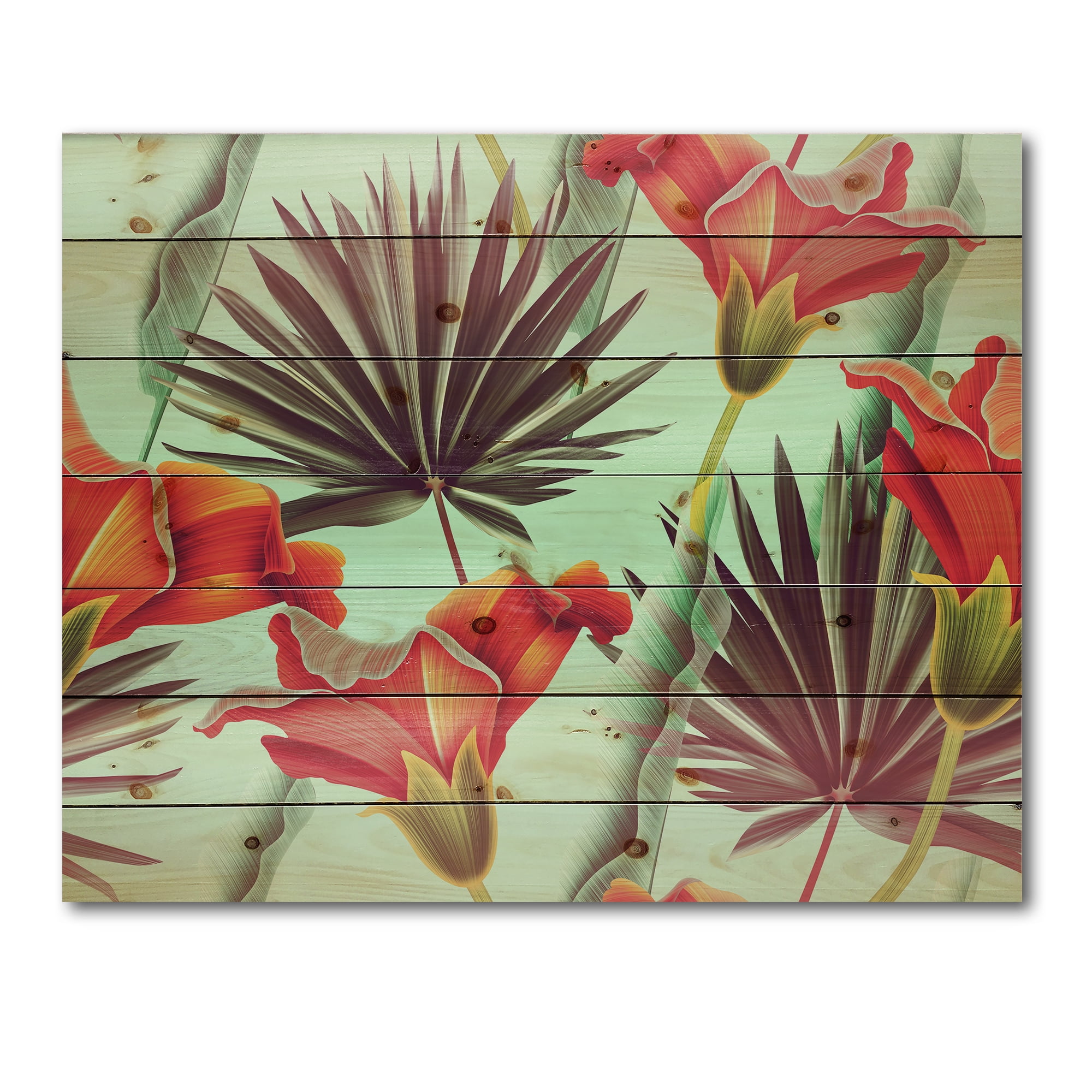 Designart 'VIntage Tropical Flowers VII' Traditional Print on Natural Pine Wood