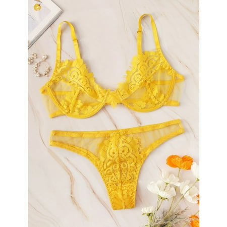 

Hirigin 2PCS Women Sexy Lingerie set See-through Lace Babydoll Unpadded Bra HIgh Waist G-String Thong Underwear Set