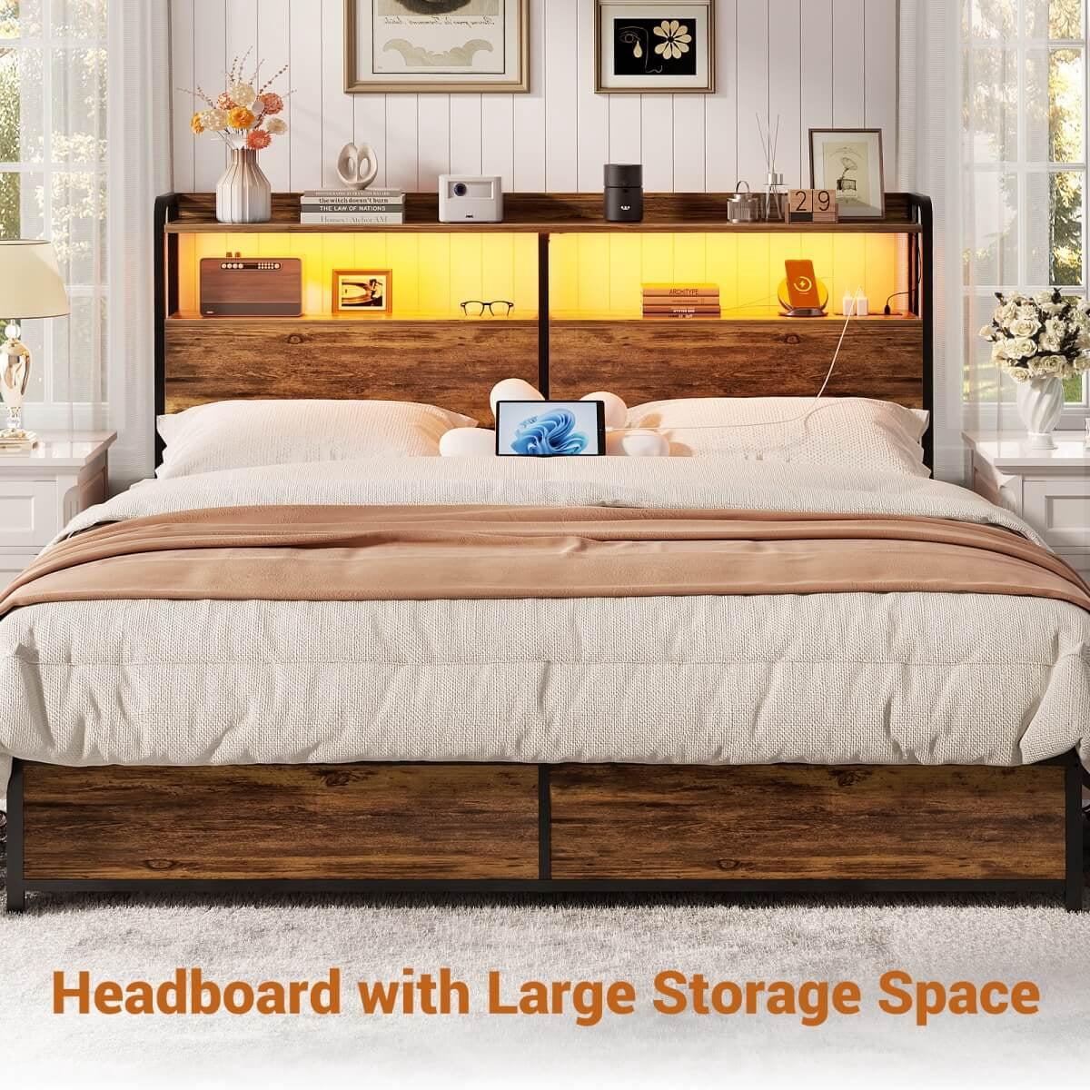 Homieasy Headboard for Queen Size Bed Frame, Headboards with Outlets, USB Ports and LED Light, Head Board with Storage, Height Adjustable, Sturdy and Stable Headboard, Rustic Brown