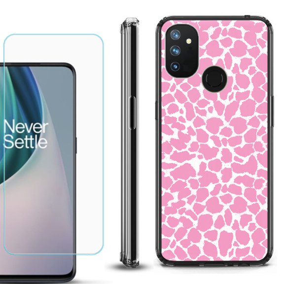 Shockproof Bumper Phone Case for OnePlus Nord N100, with Tempered Glass Screen Protector, by OneToughShield ® - Giraffe/Pink