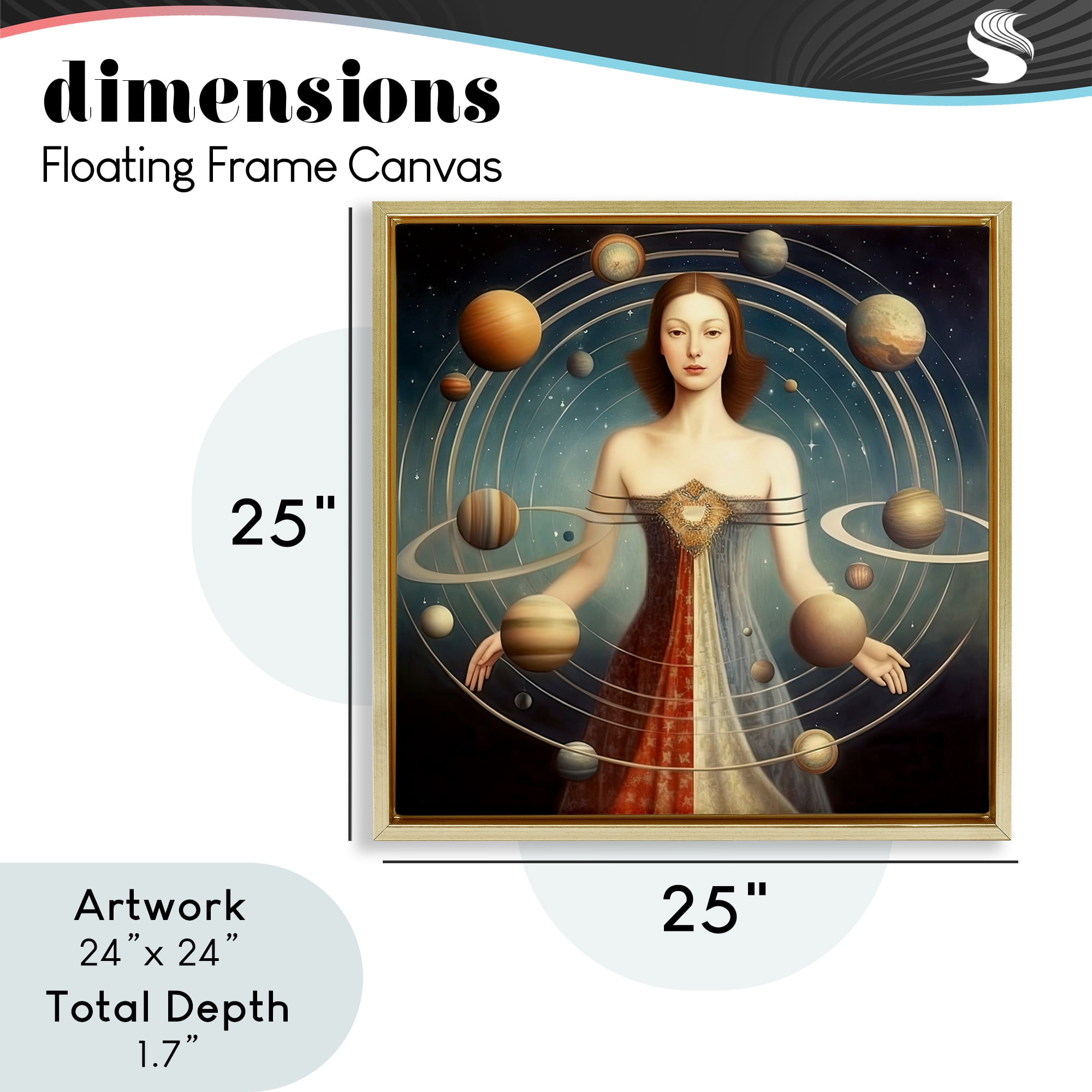 Galactic Orbits Woman Gold Framed Floater Canvas Wall Art, design by Sasha