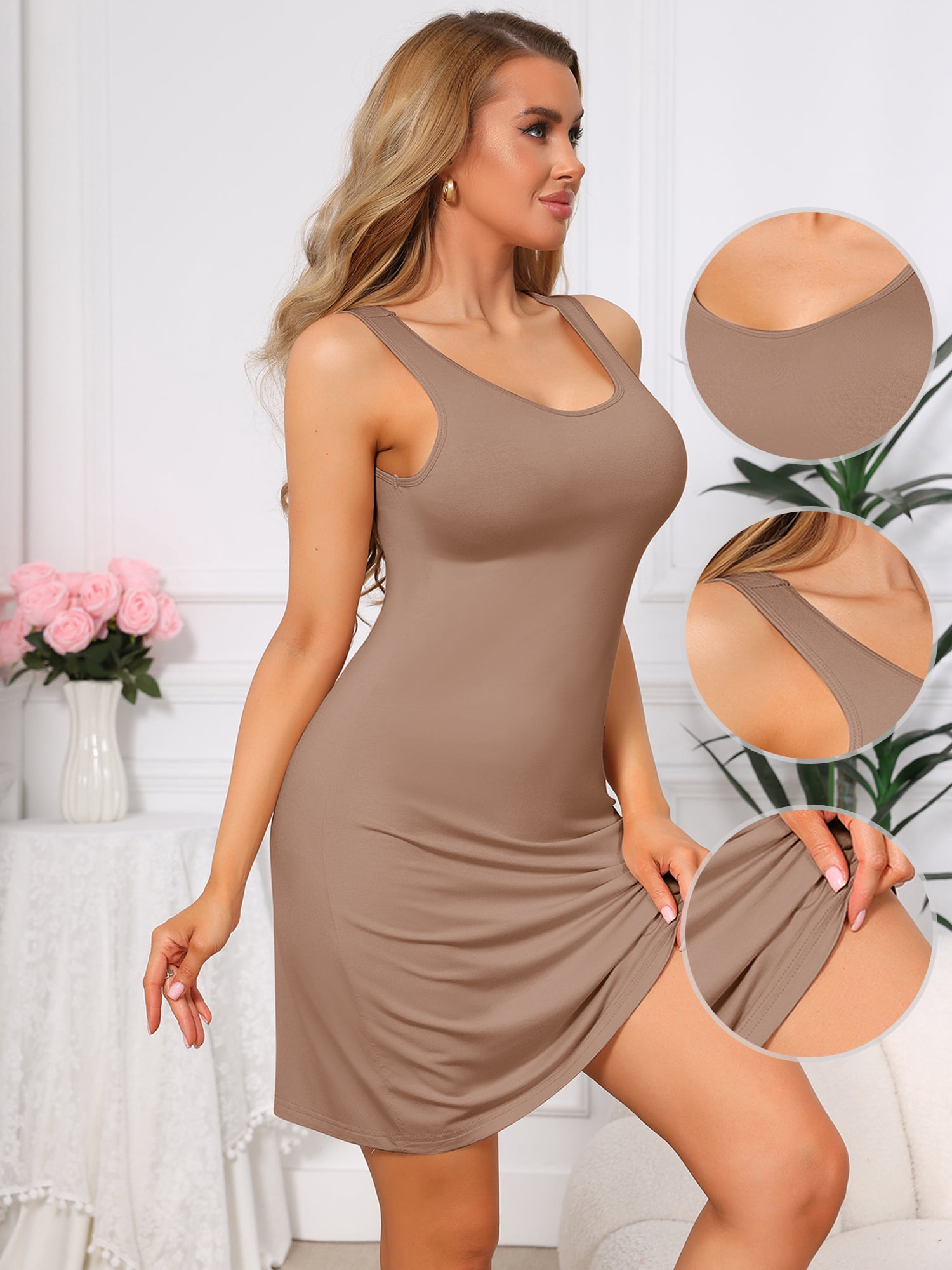 DARING DIVA Women's Scoop Neck Sleeveless Wide Strap Tank Dress Nightgown L Brown