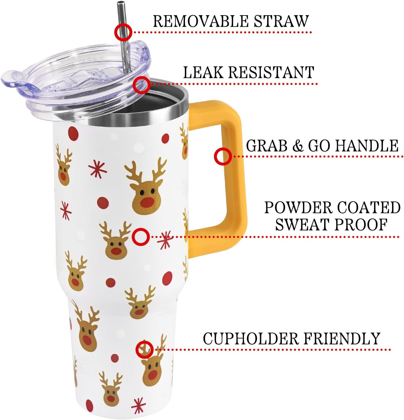 Christmas Tumbler with Handle and Straw Lid 40 oz,Cute Merry Xmas Elk Reindeer Gifts for Women Vacuum Insulated Leak Proof Tumbler,Winter Holiday Accessories Stainless Steel Coffee Cup Mug