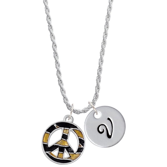 Delight Jewelry Silvertone Large Brown Tiger Print Peace Sign Silvertone Script Initial Disc - V - Charm Necklace, 20"+3"