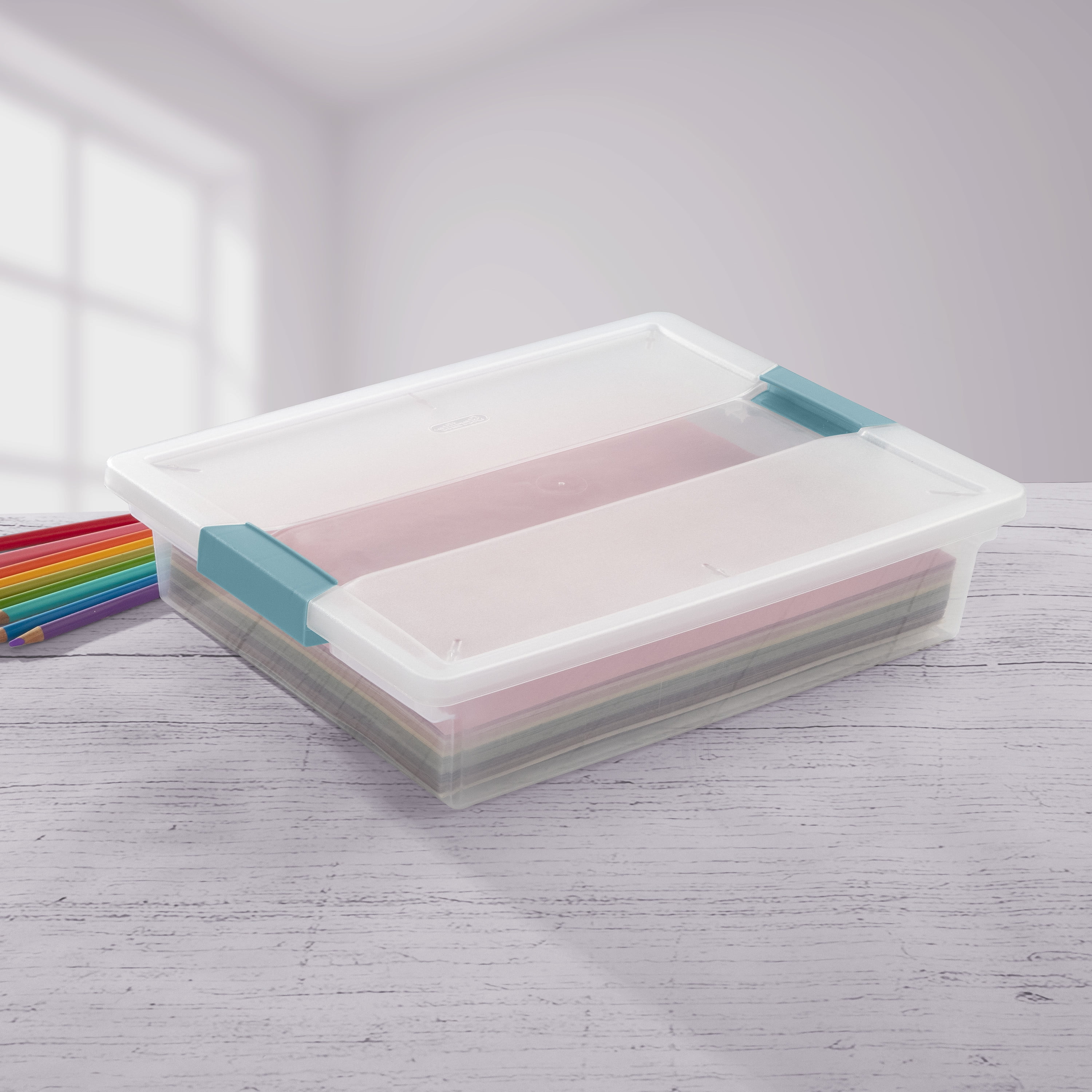 Sterilite Plastic Storage Bin / Large Clip Box, 14” L x 11” W x 3 1/4” H, Aqua Haze