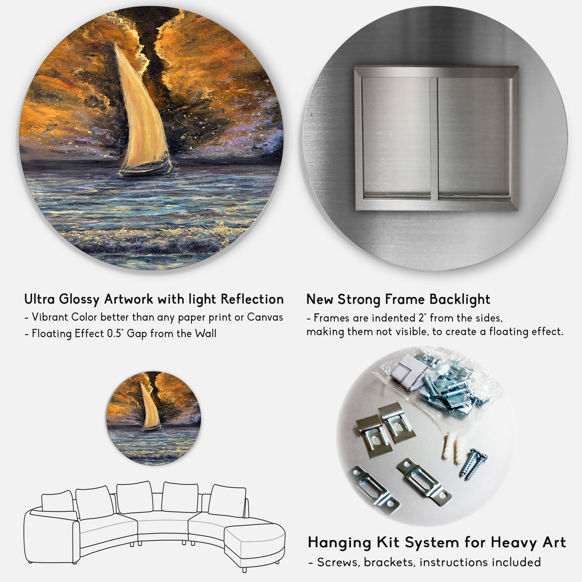 Designart 'Sailship On The Ocean At Morning' Nautical & Coastal Circle Metal Wall Art 23x23 - Disc of 23