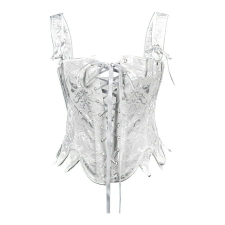 UAYOTSE Corset Tops for Women Lace Up Floral Overbust Boned Bustier Bodice White L