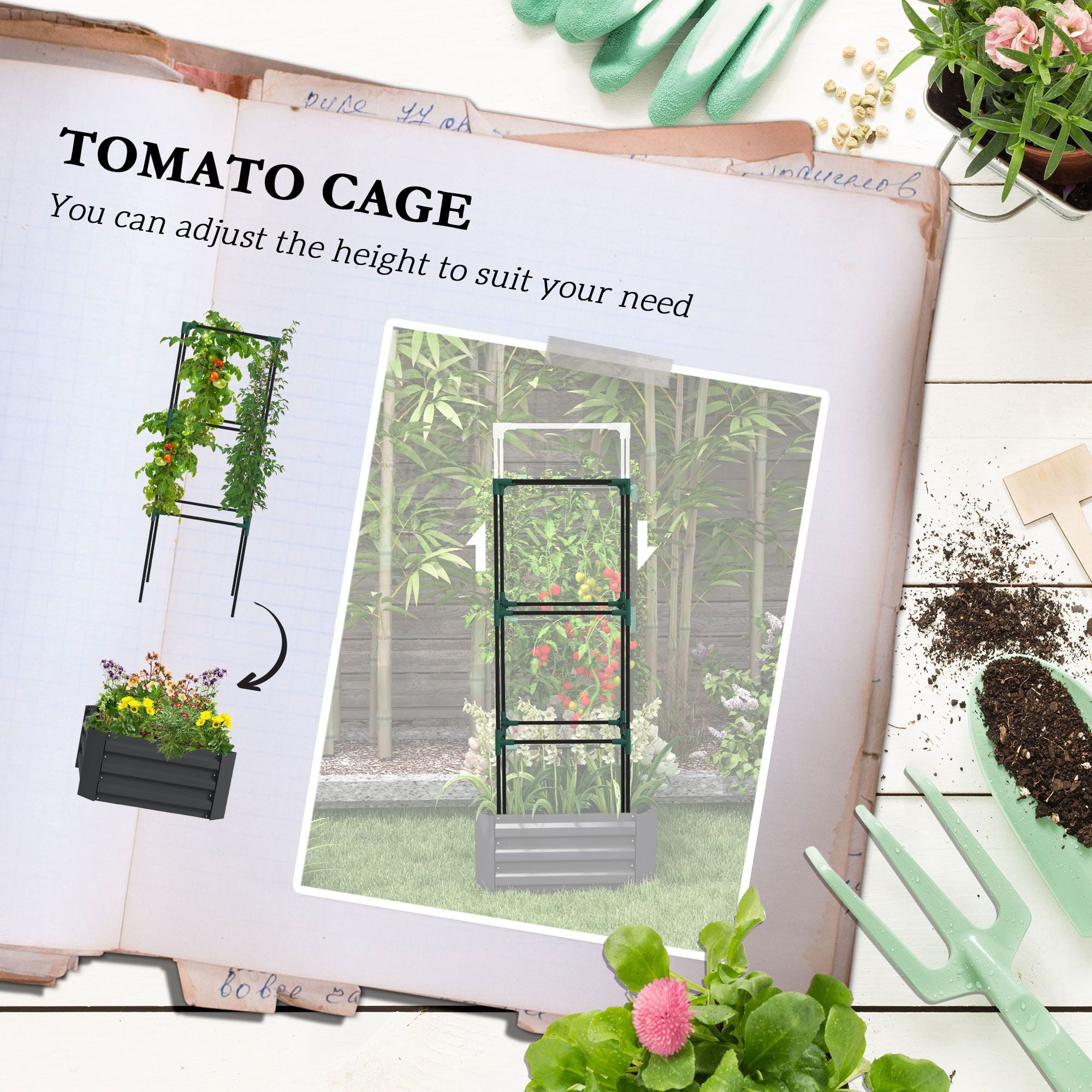 Outsunny Galvanized Steel Raised Garden Bed with Adjustable Tomato Cage Trellis, 24" x 24" x 55" Dark Gray Metal Planter for Vegetables and Climbing Vines, Outdoor Patio & Backyard