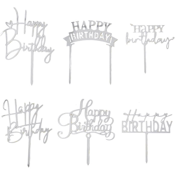 Decoraciones para Pastel Hazyore 6 piezas Acrílico Plateado Feliz Cumpleaños