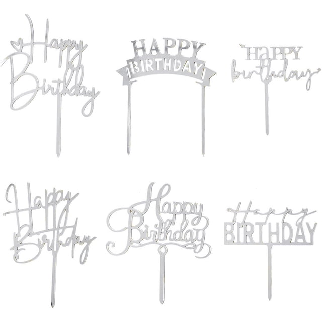 Decoraciones para Pastel Hazyore 6 piezas Acrílico Plateado Feliz Cumpleaños