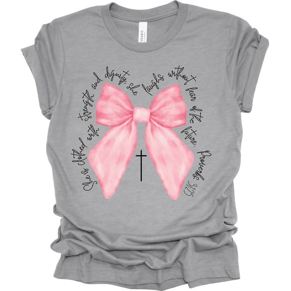 Trenz Shirt Company Coquette Bow With Cross Proverbs 31:25 Short Sleeve T-shirt-Athletic Heather-Small