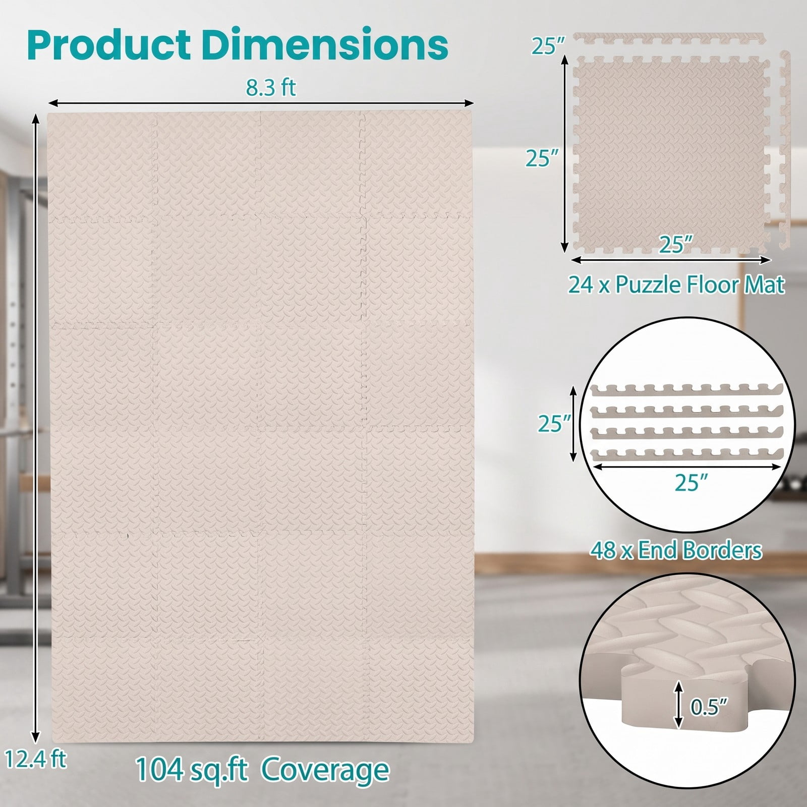 Airfind 24 Tiles Puzzle Exercise Floor Mat with Interlocking EVA Foam and Non-Slip Texture for Home Gym Equipment Protection, Beige