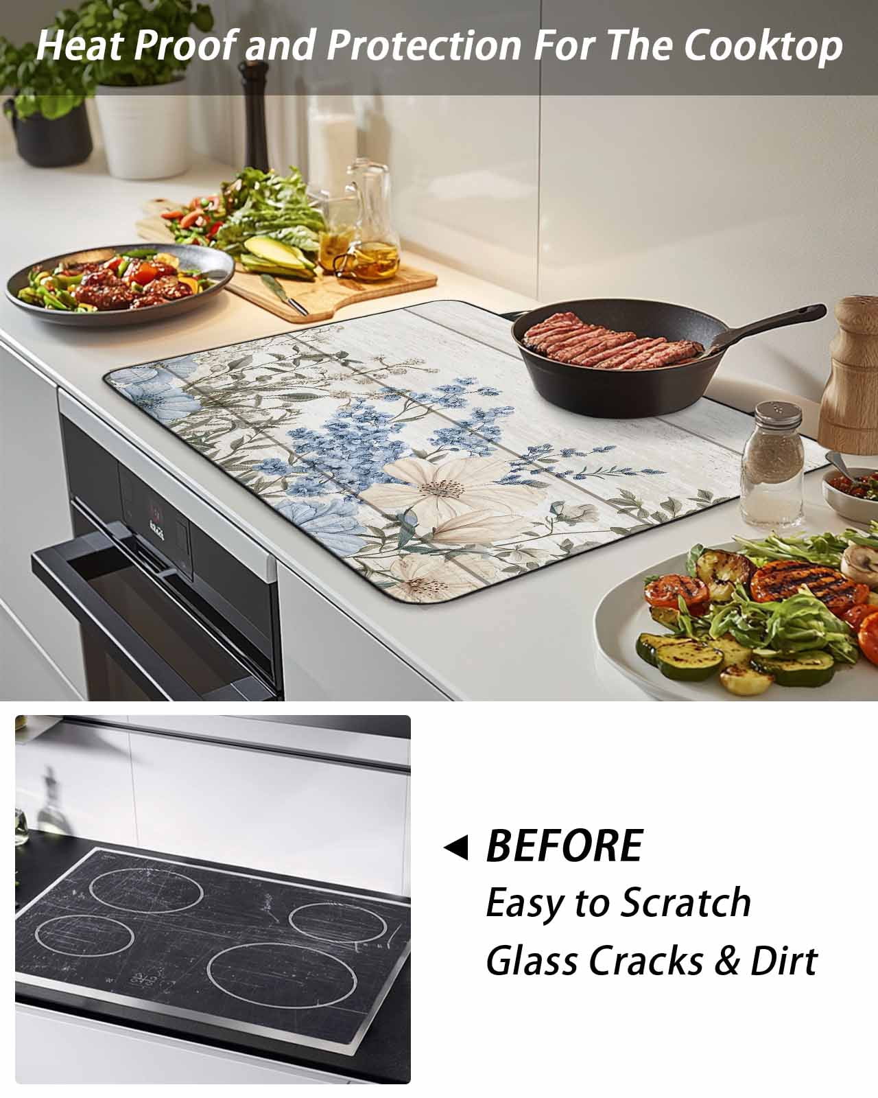 Stove Top Covers for Electric Stove, Blue Floral Spring Glass Stovetop Cover Protector, Summer Botanical Flower Vintage Induction Cooktop Protector Oven Mat for Kitchen Countertop 24"x21"