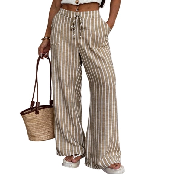 Textilo Womens Summer Casual Striped Pants Wide Leg Drawstring Pants with Pockets Elastic Waist Palazzo Trousers Summer Beach Vacation Comfy Lounge Boho Clothes,Khaki M