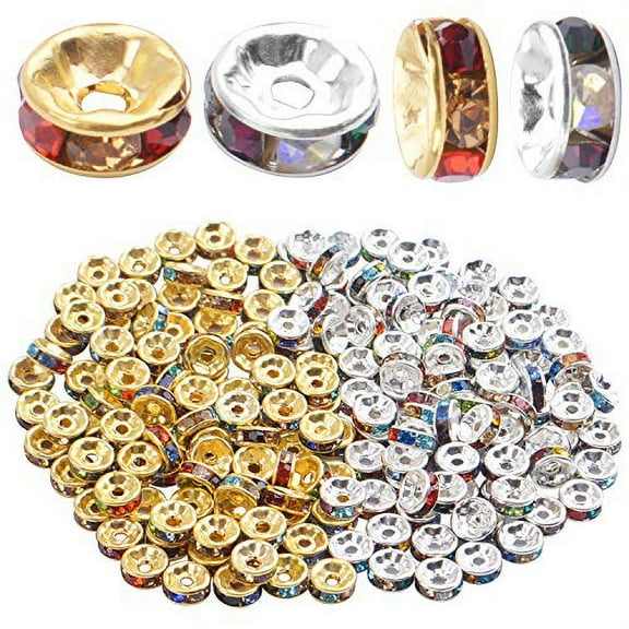 200pcs 8mm Multicolor Rhinestone Spacer Beads Mixed Crystal Rondelle Beads for Bracelets Necklaces Jewelry Making,Gold & Silver