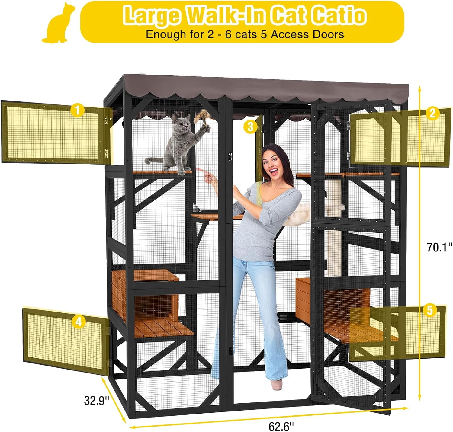 Aivituvin Catio Large Cat House Outdoor Walk in Outdoor Cat Enclosure Indoor Cage Kitty Condo Playpen with Door, Platform, Scratch Post, Hammock - Black