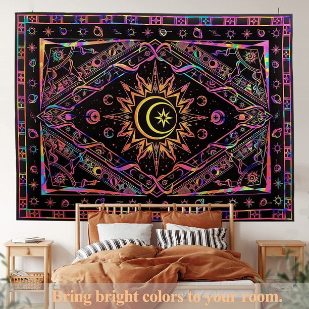Bedroom Aesthetic Room Decor Wall Tapestry Blacklight Tapestry UV Reactive Black Light Posters Colorful Backdrop Glow in the Dark Hippie Boho Tapestries for Bedroom Burning Sun Walmart
