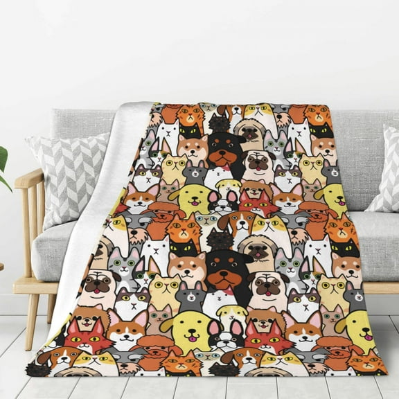 Hirioo Cats & Dogs Group for Flannel Blanket, Cozy and Warm Throw for Bed or Couch ,Perfect for All Seasons-40"x30"