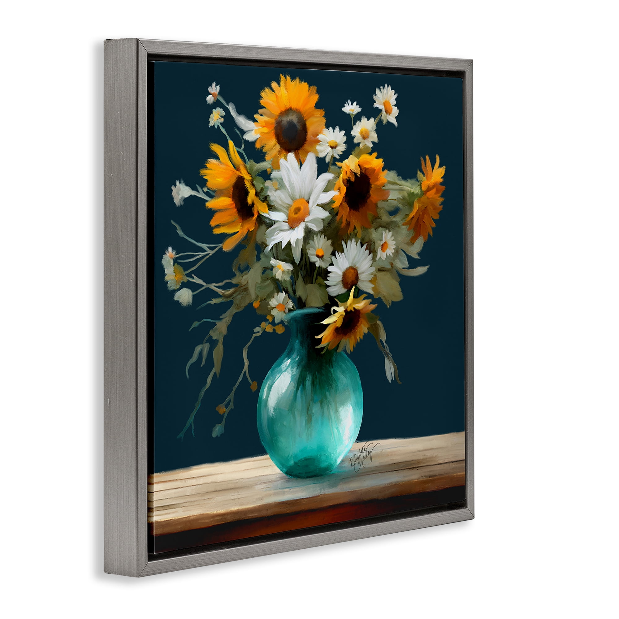 Stupell Industries Summer Sunflower Bouquet Botanical & Floral Painting Gray Floater Framed Art Print Wall Art, 18 x 18
