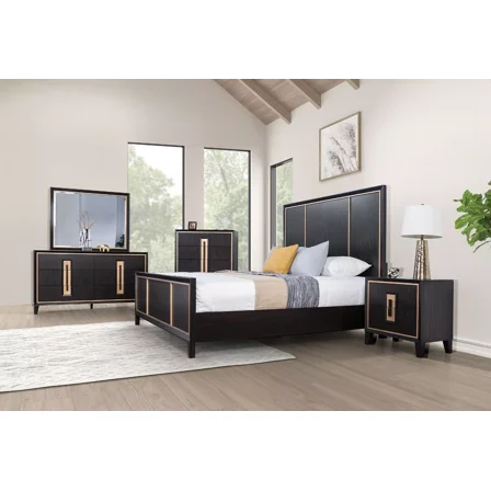 Modern Panel Headboard Queen Size Bed Dresser Mirror Nightstand 4pcs Bedroom Furniture Espresso Solidwood