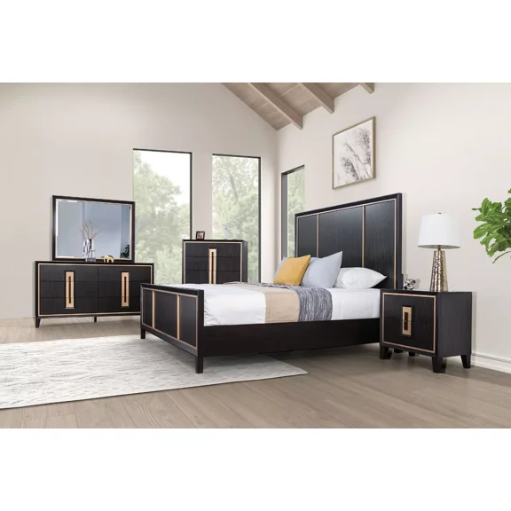 Modern Panel Headboard Queen Size Bed Dresser Mirror Nightstand 4pcs Bedroom Furniture Espresso Solidwood