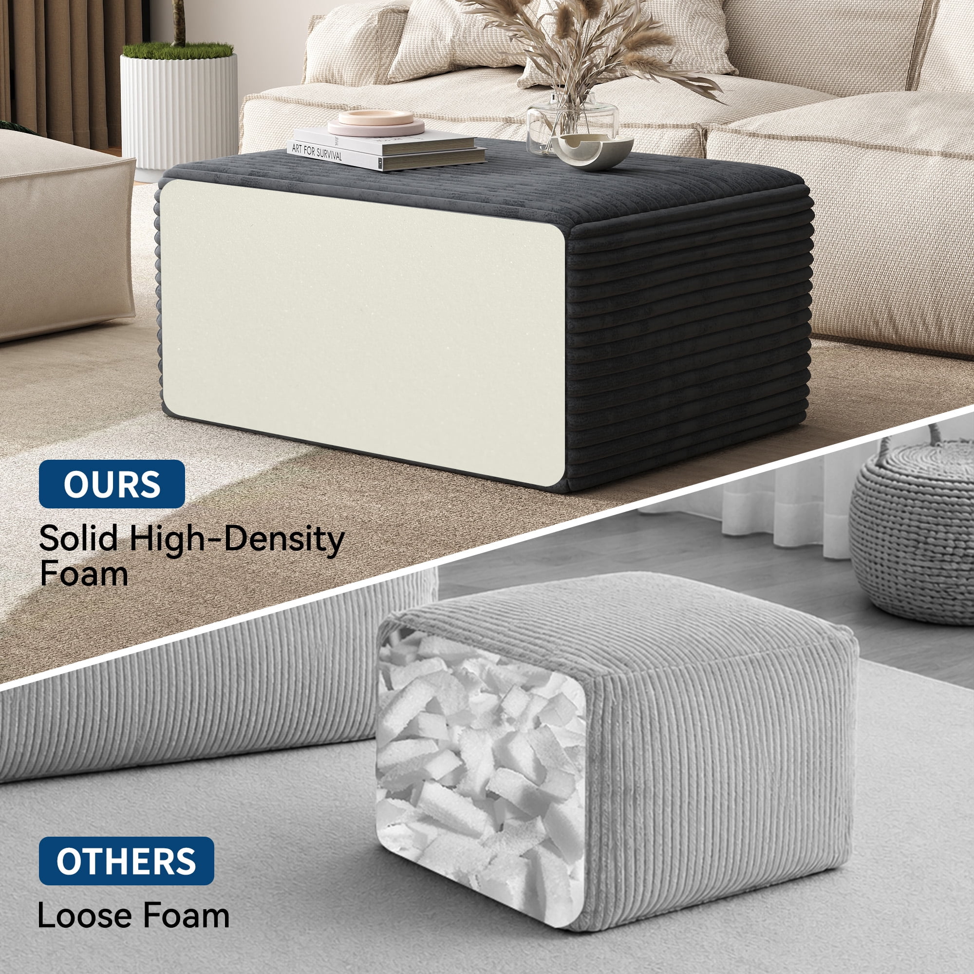 IDEALSOUL Corduroy Ottoman, Rectangle Ottoman Foot Rest for Couch, Oversized Modular Sectional Sofa Stool, Extra Seating & Coffee Table for Sofa, Cloud Foot Rest Foam Support, No Assembly Required