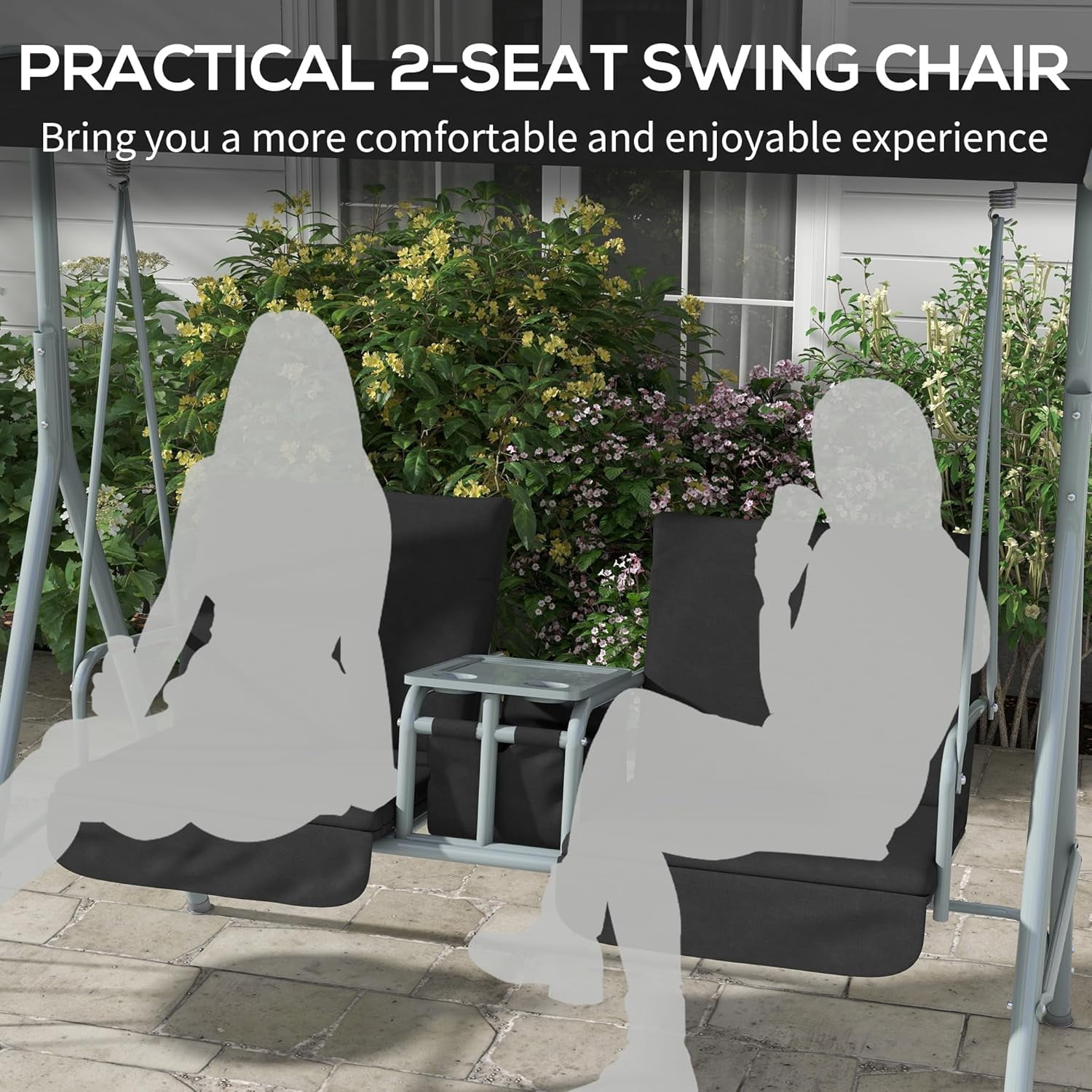 JessieMal 2 Person Porch Swing with Stand, Outdoor Swing with Canopy, Pivot Storage Table, 2 Cup Holders, Cushions for Patio, Backyard, Black