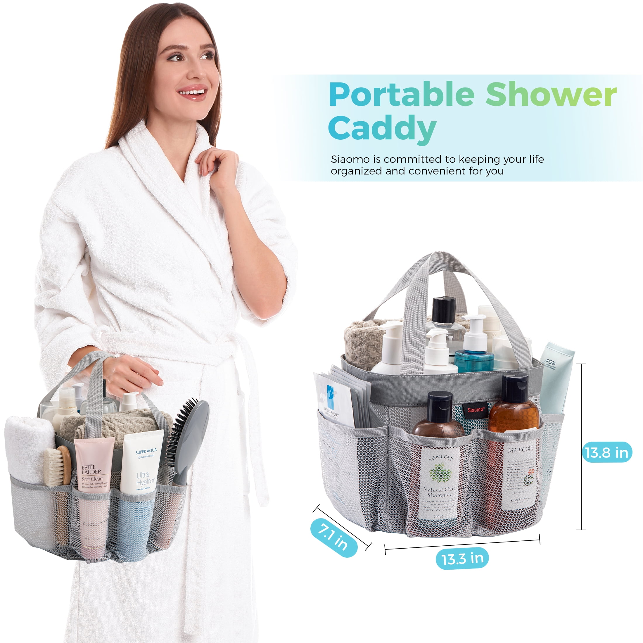 Siaomo Mesh Shower Caddy,Tote Bag for College Dorm,Bathroom,8 Pocket Basket,Quick Dry  Grey  (图4)