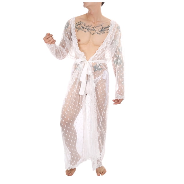 Albornoz de encaje largo para hombre, Kimono transparente, conjunto de pantalones en T con abertura, ropa interior Sexy en perspectiva Fridja nalpqowj15436