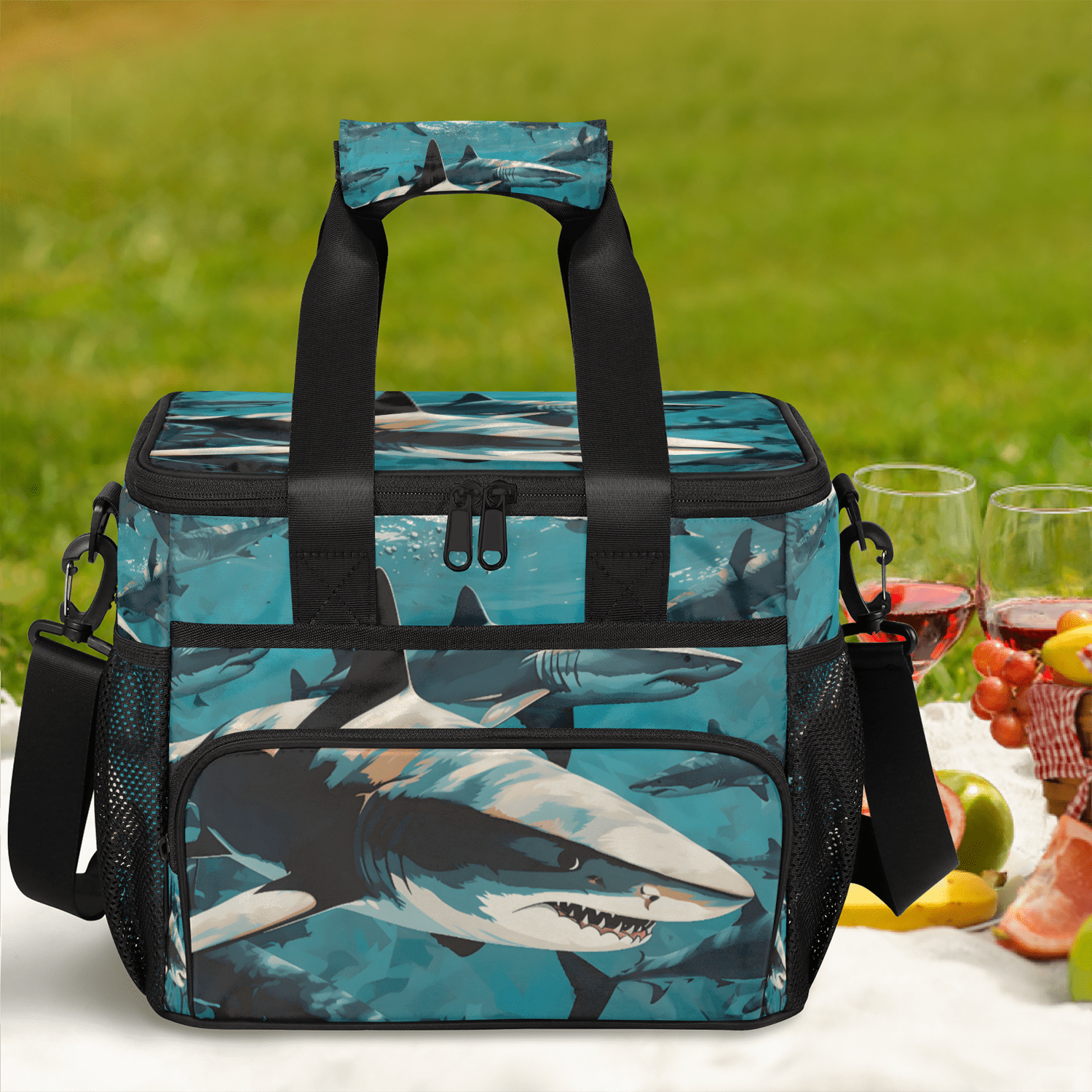 Herdesigns Shark Fish Large Lunch Box for Adults Women Men with Adjustable Shoulder Strap, Insulated Reusable Lunch Bag Leakproof Cooler Tote Bag