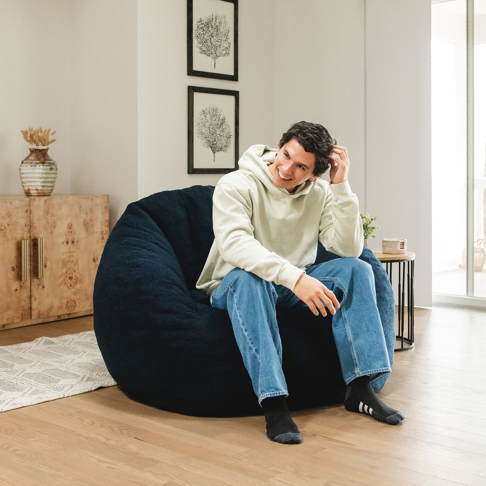 Big Joe Cloudberry Bean Bag Chair, Foam-Filled Structured Seat, Teddy Boucle, Deep Blue, Adults