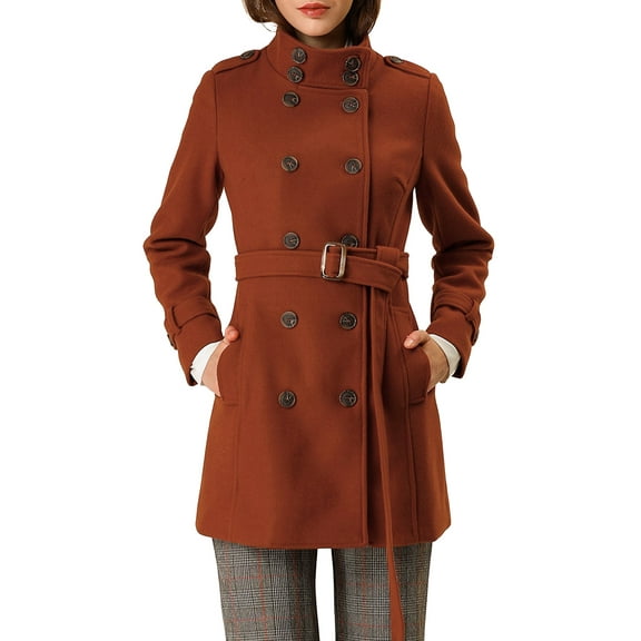 Unique Bargains Women's Stand Collar Double Breasted Slant Pockets Outwear Coat