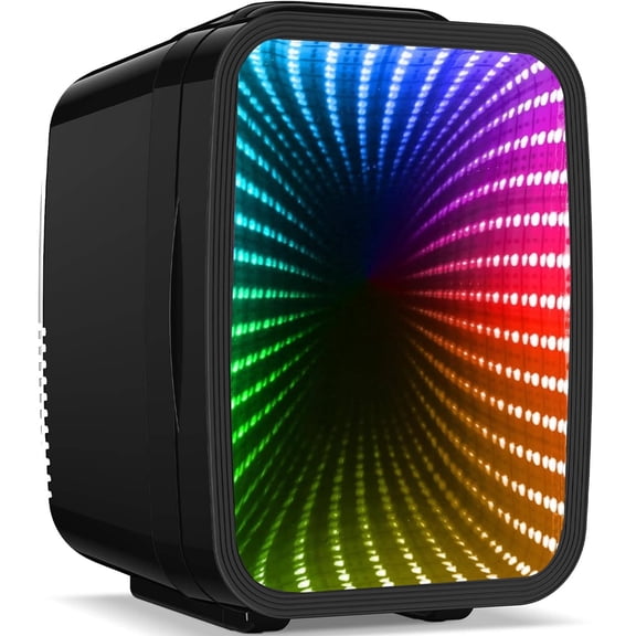 Anoak Mini Fridge, 4 Liter/6 Cans Small Refrigerator With 6 Colorful Dimmable LED Light,Portable Cooler and Warmer mini fridge for Gaming room, Bedroom,Office and Car (Black)