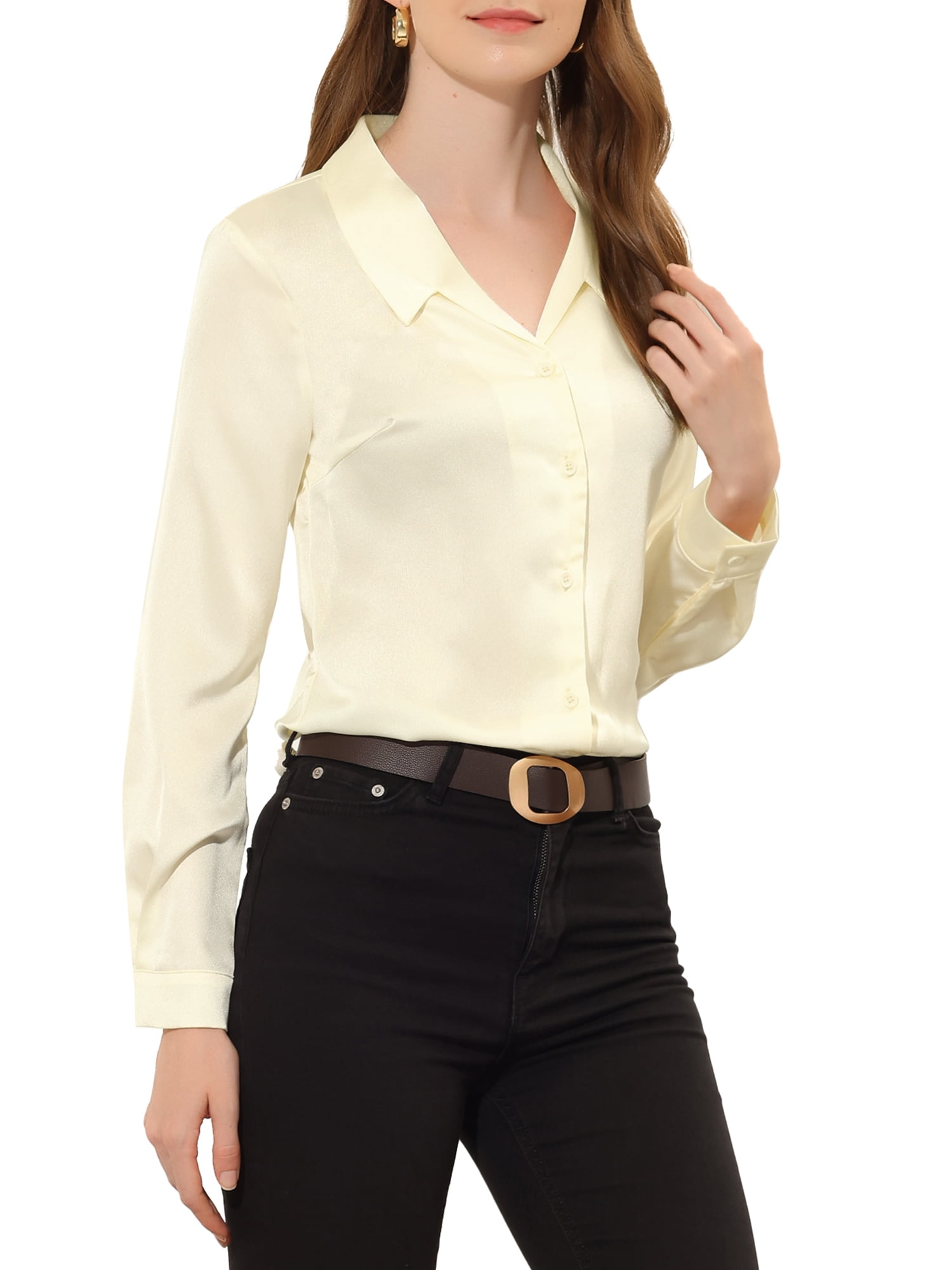 Allegra K Women's Point Collar Long Sleeve Button Down Floral Shirt Black  Small