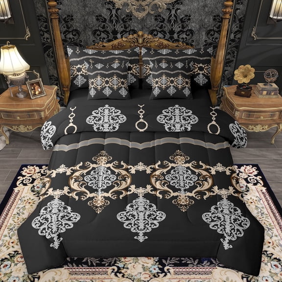 Feelyou Black Gold Damask Bedding Comforter Set 7 Pieces, Boho Rustic Farmhouse Full Bedding Set, Southwestern Theme Reversible Fitted Sheet Flat Sheet, Luxury Bedroom Decor
