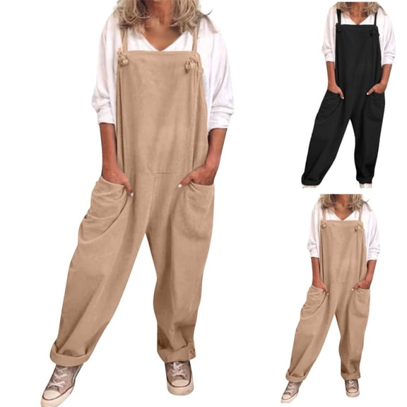 Wide Leg Jumpsuits for Women Casual Cotton Patchwork Adjustable Straps Sleeveless Print Cute Linen Rompers with Pocket Khaki 2XL