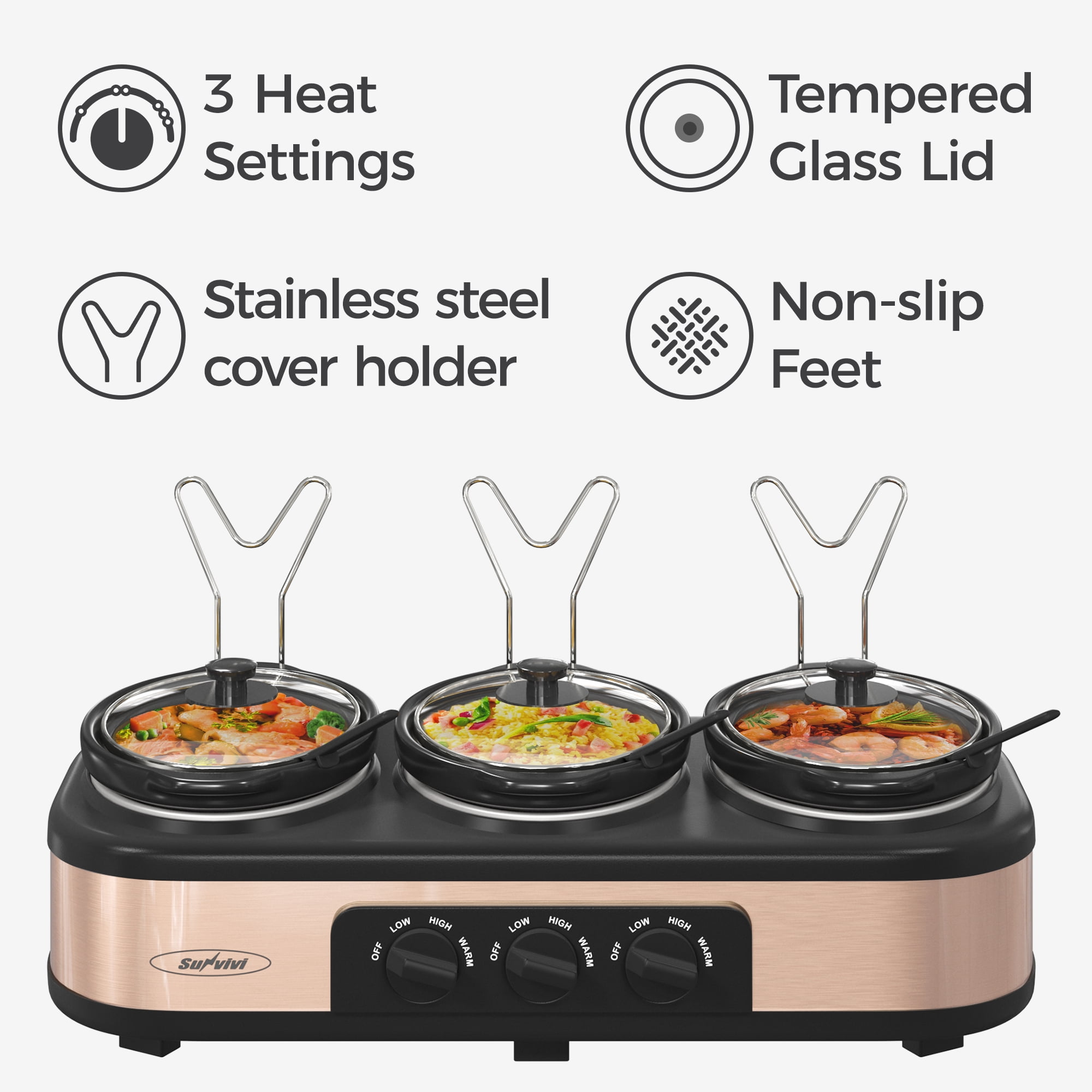 HEYNEMO Triple Slow Cooker with Non-Skid Feet, 3×1.5 QT Slow Cooker Buffet  Server, 3 Pots Food Warmer Adjustable Temp Lid Rests Stainles