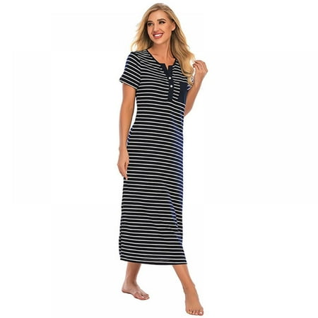 

Spring Summer Women Striped Pajamas Over Knee Long Dress V Neck Loose Nightgown Casual Short Sleeve Nightdress Homewear