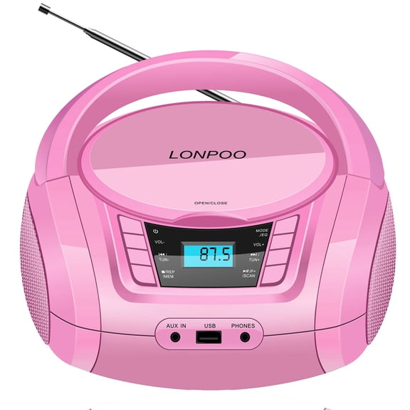 Reproductor de CD portátil LONPOO Boombox, Bluetooth, radio FM USB, 28 cm